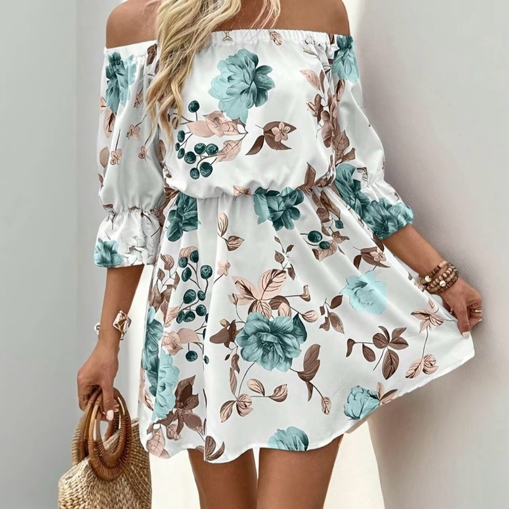Floral Off-Shoulder Dress in White and Teal